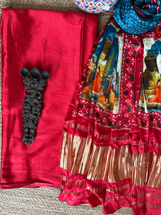 Red mashru  silk kurta with patola handcrafted modal silk dupatta ps-105