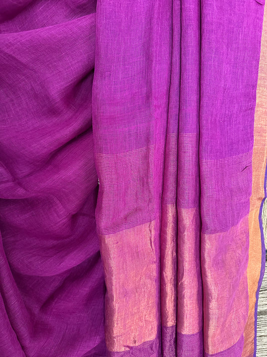 Purple linen sari with woven  border