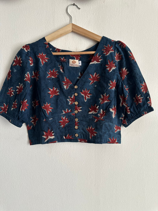 Indigo blockprint cotton blouse  blouse with wooden button