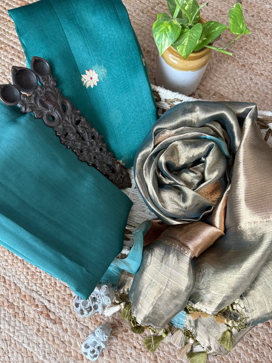 Deep sea green kora silk certified handloom banarsi kadwa booti three piece suit
