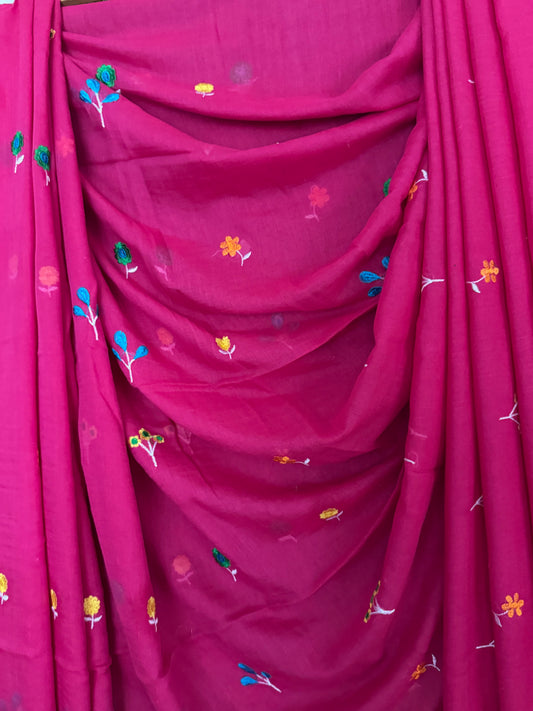 Hot pink mull embroidery handloom sari with tassels