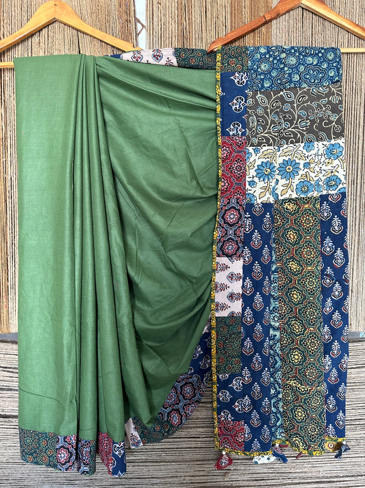 Olive green patch work  ajrakh hand crafted mull saree