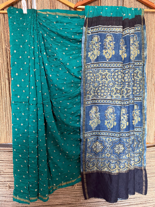 Teal blue chanderi silk bandhani handcrafted ajrakh sari