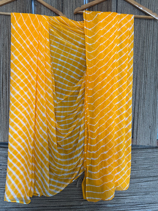 Orange yellow leheriya handcrafted  chiffon sari