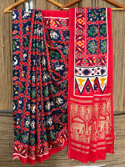 Royal blue red  modal silk patola print sari with zari border pms- 1085