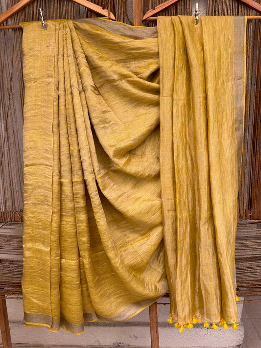 Yellow gold metallic linen sari with woven  border