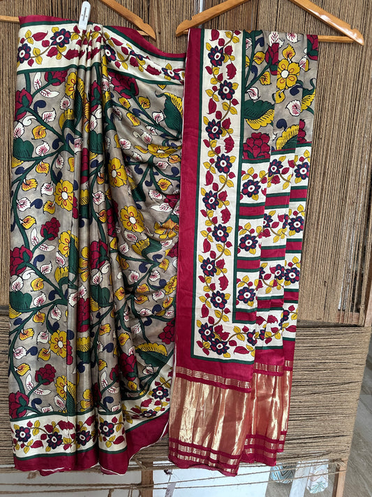 Gray  patola modal silk kalamkari print sari with zari border pms-10148