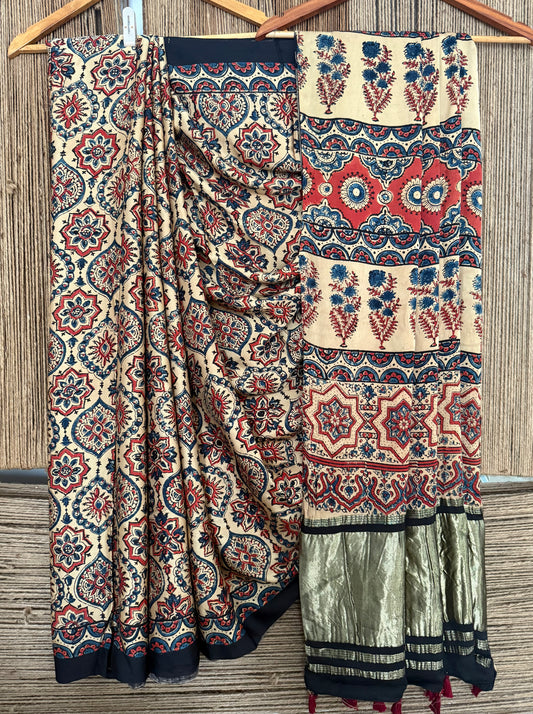 Ivory badam butta ajrakh modal silk sari with zari border