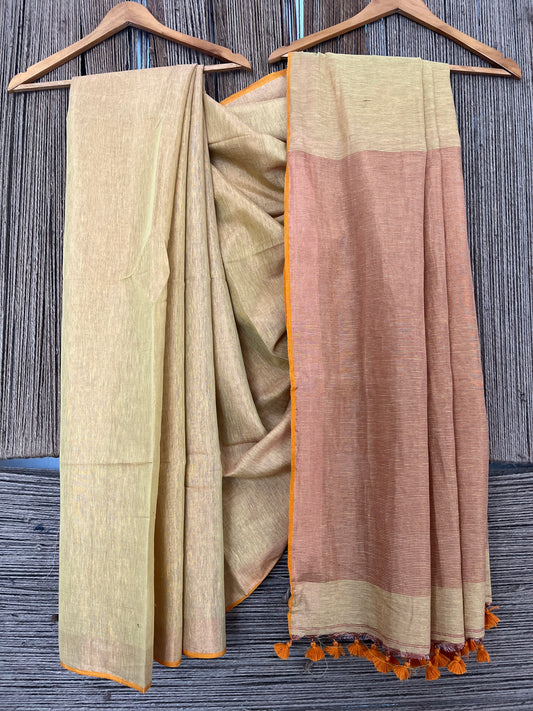 NAPLES YELLOW TISSUE LINEN ZARI SARI WITH WOVEN RED BORDER TL-48