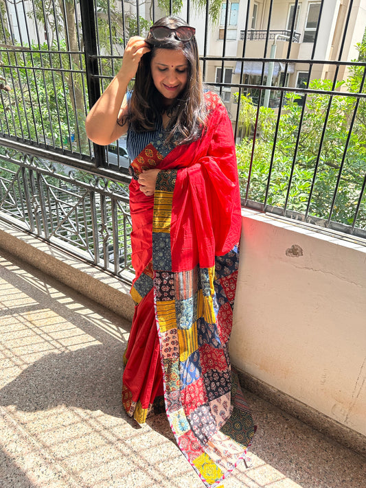 Red pink patch work  ajrakh hand crafted mull saree