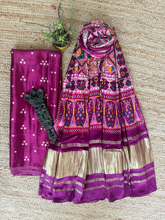 Magenta purple mashru silk kurta with patola handcrafted modal silk dupatta ps-238
