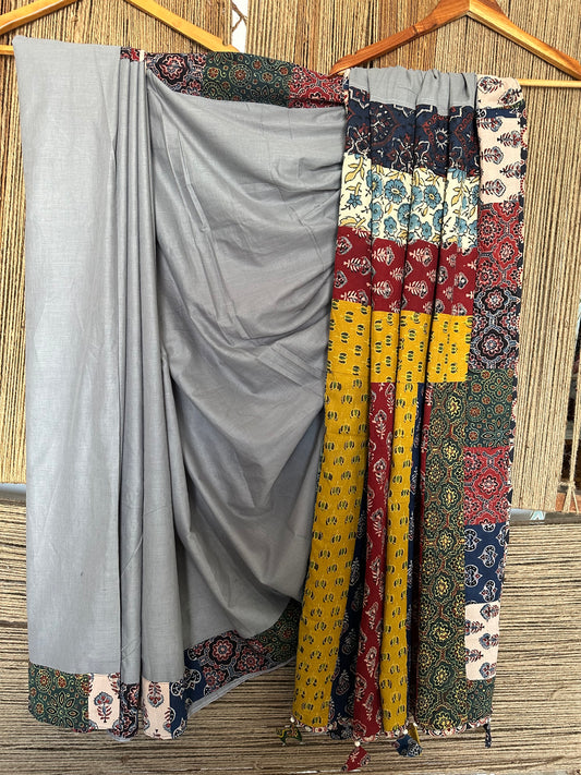 Coin grey patch work  ajrakh hand crafted mull saree