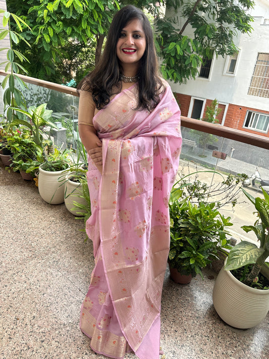 Pastel pink banarasi dupion silk certified zari woven  sari