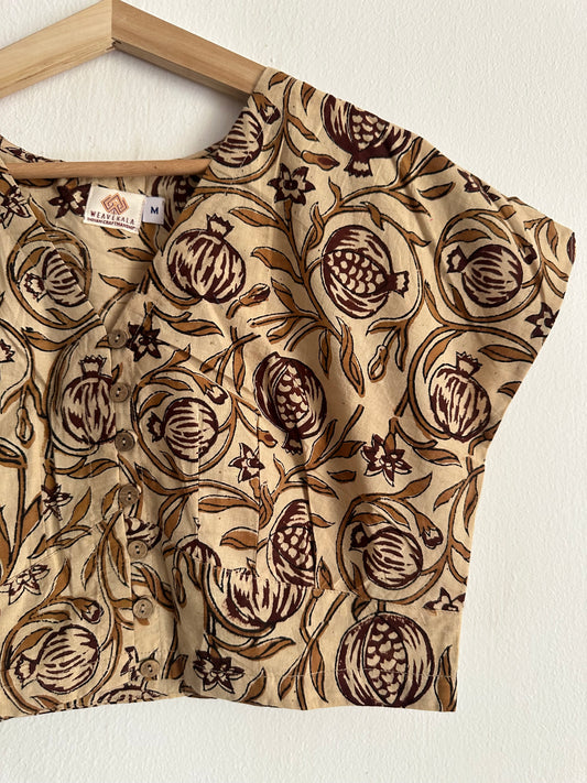 Beige kalamkari cotton blouse  blouse with wooden button