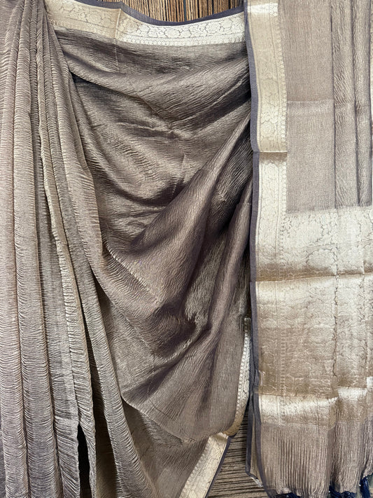 Grey banarasi zari crushed tissue sari
