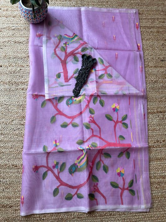 Pastel purple jamdani handwoven pure muslin silk sari