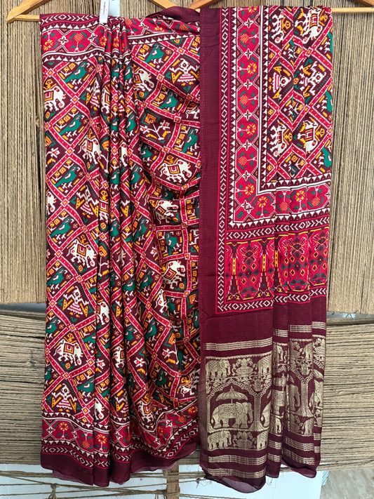 Maroon modal silk patola sari with zari border pms- 1020