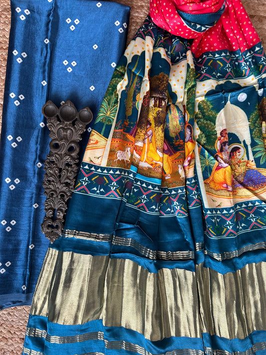 Blue three dots mashru silk kurta with patola handcrafted modal silk dupatta ps-36