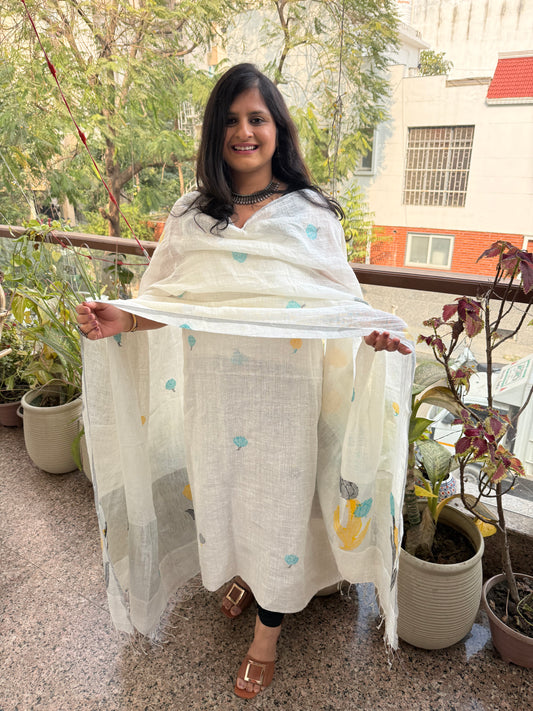 White  jamdani linen  kurta set ljs-302