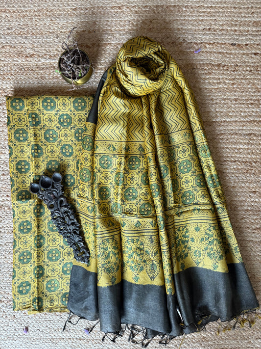 Mustard yellow ajrakh tussar silk handblock suit set tss- 8