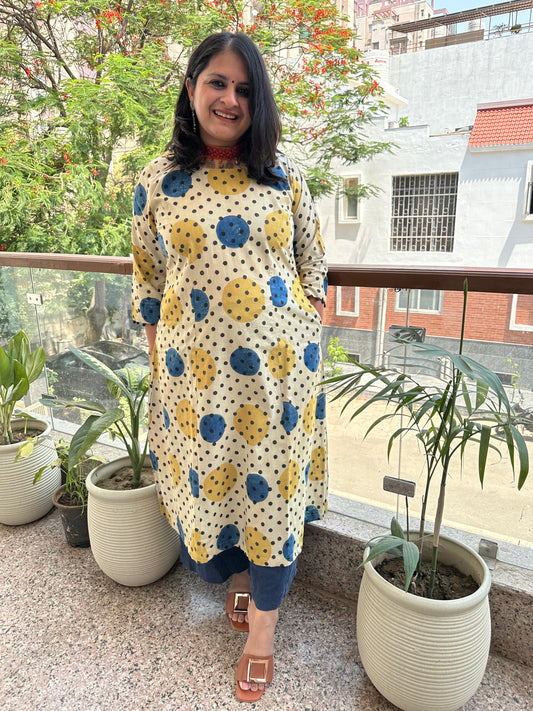 Beige polka dot cotton ajrakh handcrafted kurta