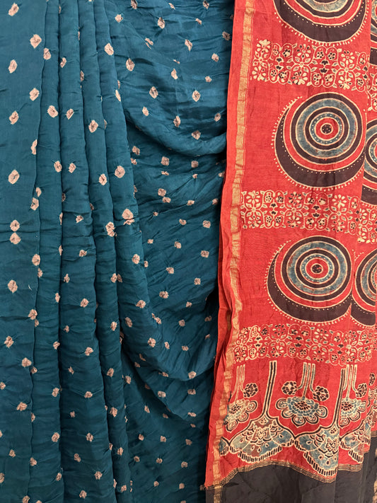 Peacock blue chanderi silk bandhani handcrafted ajrakh sari