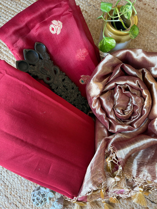 Glossy maroon kora silk certified handloom banarsi kadwa booti three piece suit