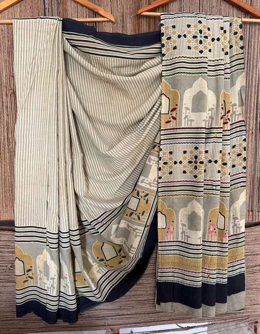 Beige  mustard cotton ajrakh handembroidery sari