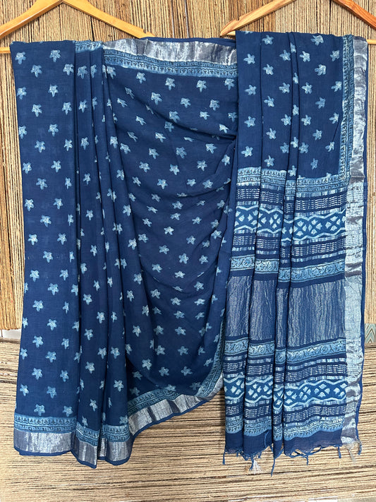 Indigo akola linen zari woven handblock sari