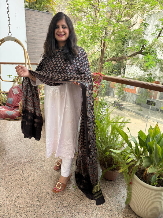 Black ajrakh silk zari woven dupatta