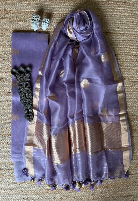 Light purple kora silk certified handloom banarsi kadwa booti three piece suit   cbs-58
