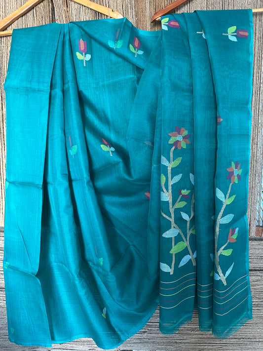 Pine green jamdani handwoven pure muslin silk sari