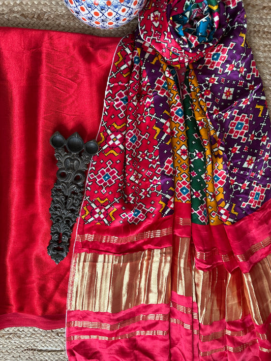 Red solid mashru silk kurta with patola handcrafted modal silk dupatta ps-8