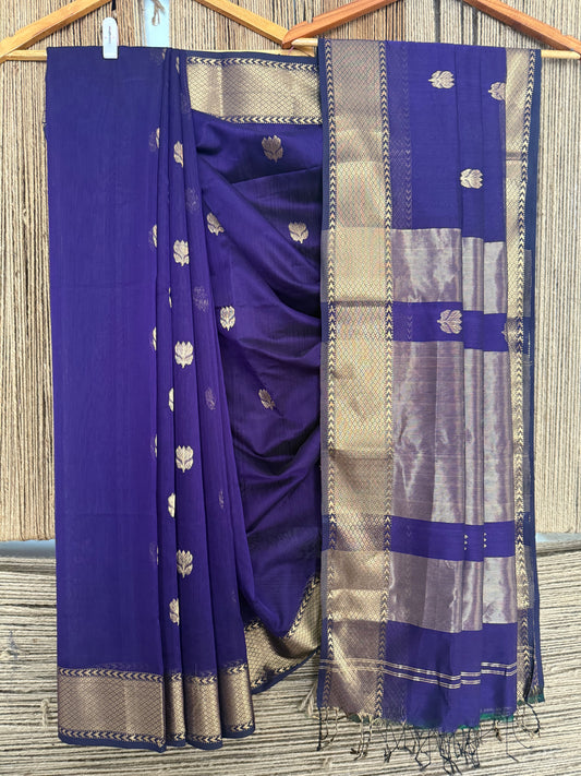 Berry blue maheshwari silk handloom sari with lotus motif