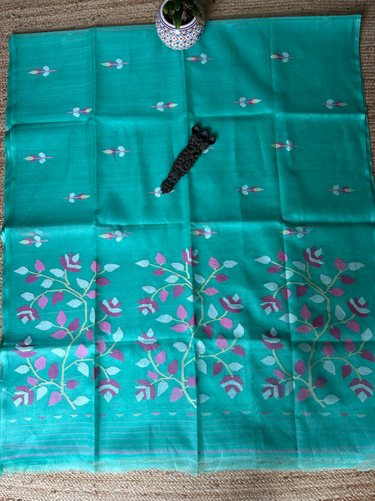 Spring green jamdani handwoven pure muslin silk sari