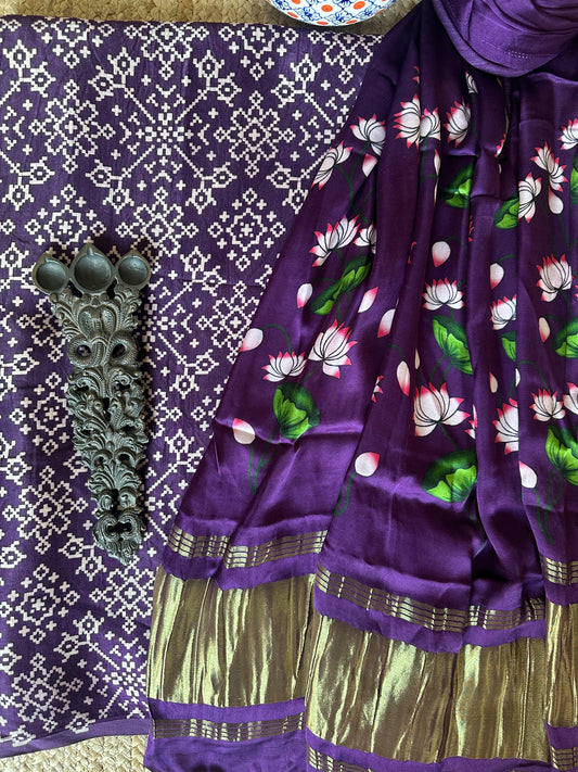 Violet purple mashru  silk kurta with patola handcrafted modal silk dupatta ps - 1047