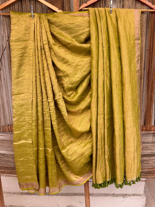 008 mehendi green  copper metallic linen sari with woven  border