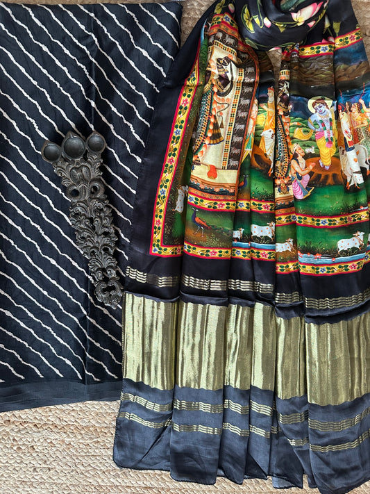 Black leheriya mashru silk kurta with patola handcrafted modal silk dupatta ps-13