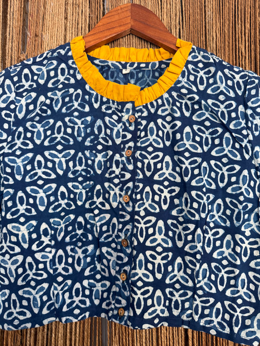 Blue  & yellow handblock cotton silk stitched blouse