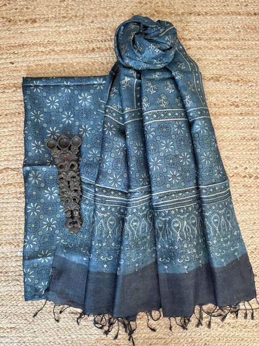 Indigo blue ajrakh tussar silk handblock suit set tss- 23