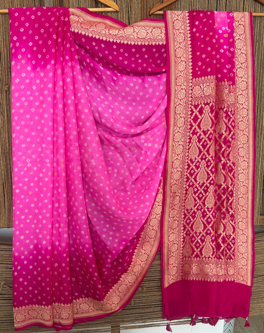 Pink handwoven neem zari bareek bandhani saree with khaddi georgette