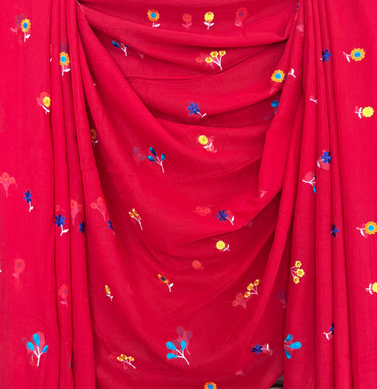 Red mull embroidery handloom sari with tassels