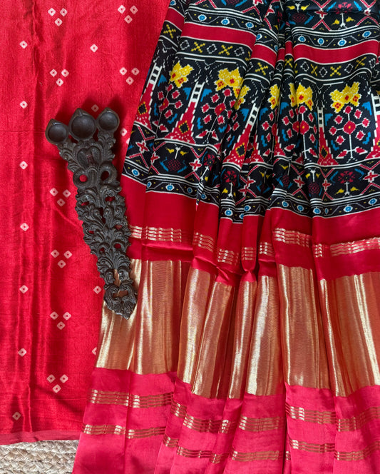 Red three dot mashru silk kurta with patola handcrafted modal silk dupatta