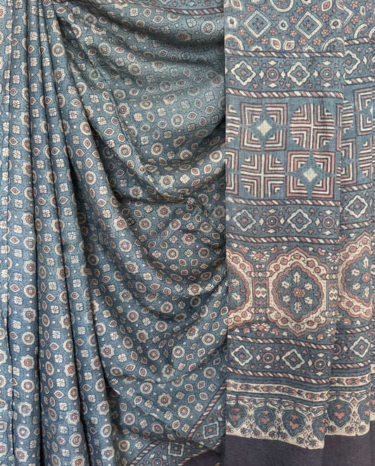 Navy blue ajrakh tussar handloom silk sari with border tas 2