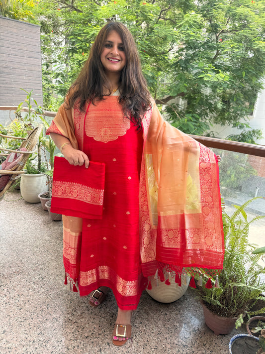 Tomato pantone raw silk certified handloom banarsi kadwa butti with woven zari three piece suit