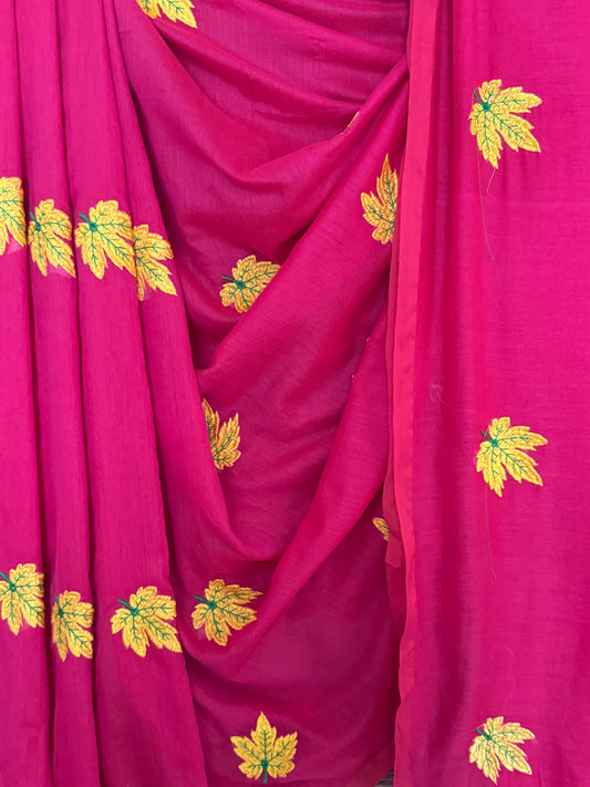 Carnation pink  mull embroidery handloom sari with tassels