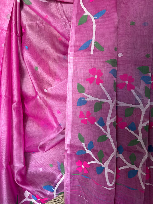 Purple jamdani handwoven pure muslin silk sari