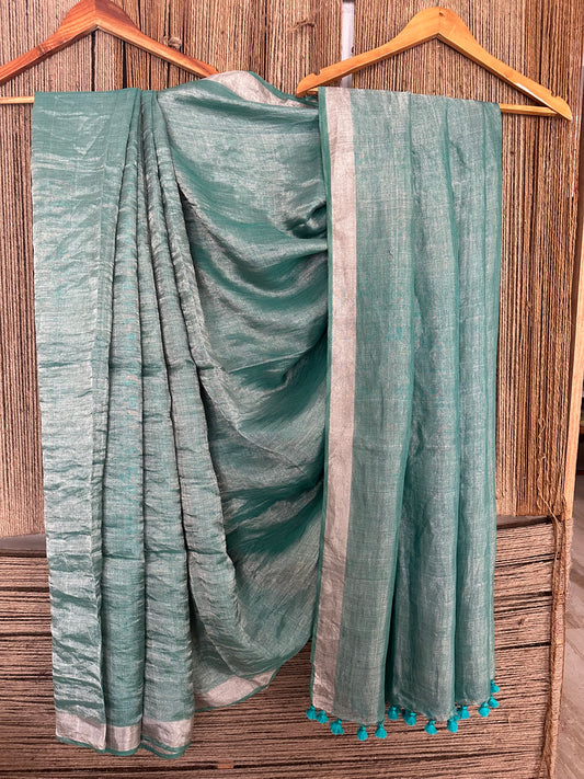 Cyan  blue silver metallic linen sari with woven  border