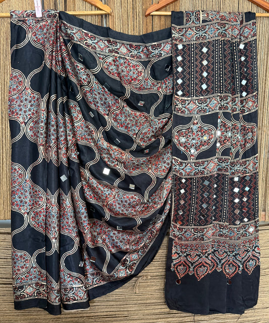 Black ajrakh handcrafted mirror work modal silk sari