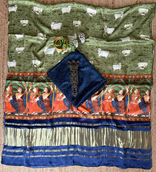 Blue jaal mashru silk kurta with  patola pichwai handcrafted modalsilk dupatta